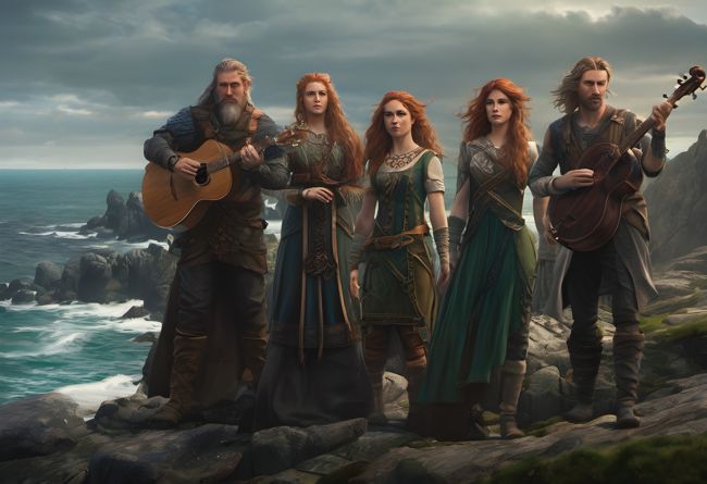 AI generated image of Celtic musicians on a rugged coast. 