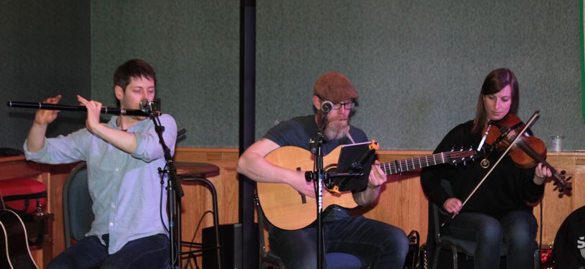 Dan, David and Emilie on stage at the Irish Cultural Society.